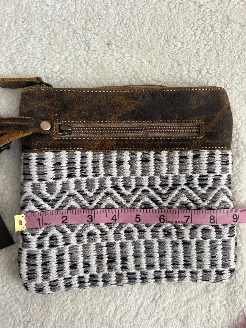 Myra Bag Upcycled Brown Leather Wristlet Clutch Neutral Woven Tapestry Boho